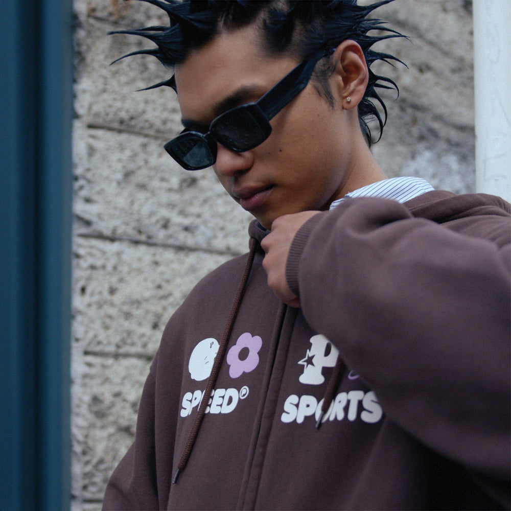 Pawa Speed Sports Multi Monogram Zip Hoodie in brown, close-up detail shot, Season 5