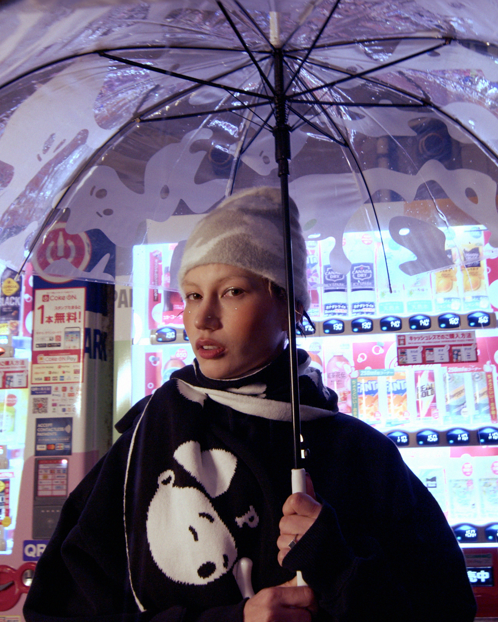 Pawa Speed Sports Emotions Scarf and Ghost Camo Hat, worn at a Tokyo vending machine at night, Season 5 lookbook