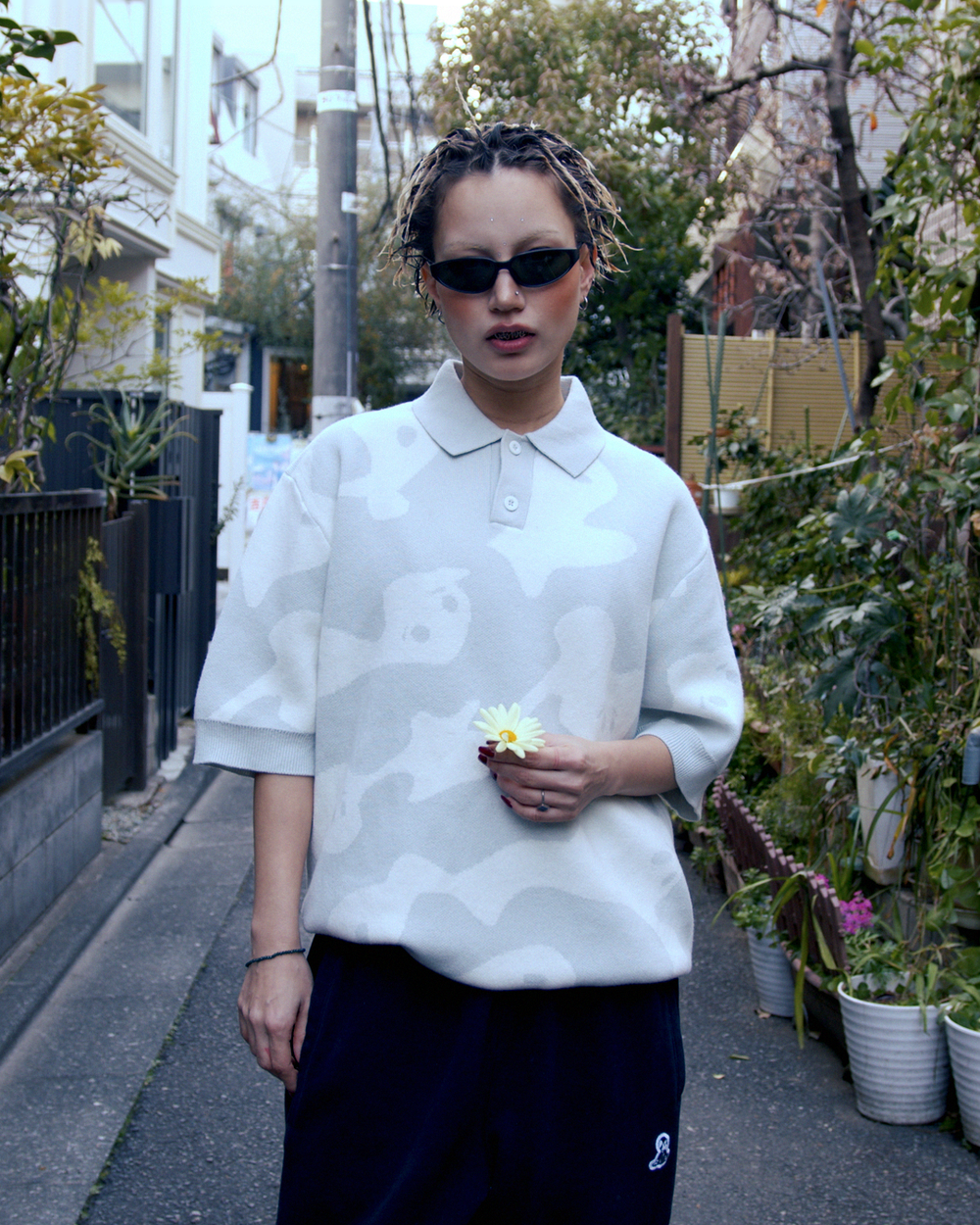 Pawa Speed Sports Ghost Camo Knit Polo in white, worn on a Tokyo street, Season 5 lookbook